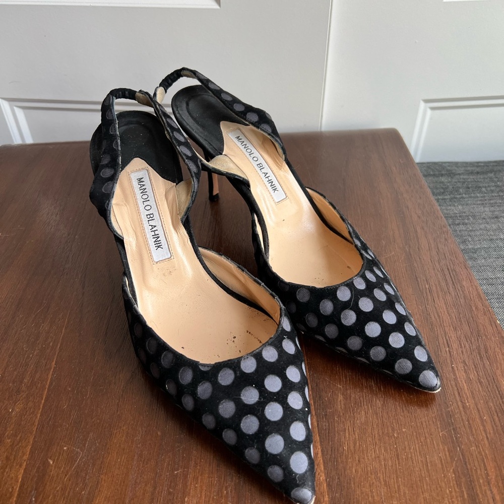 Manolo Blahnik Black and Gray Polka Dot Heels